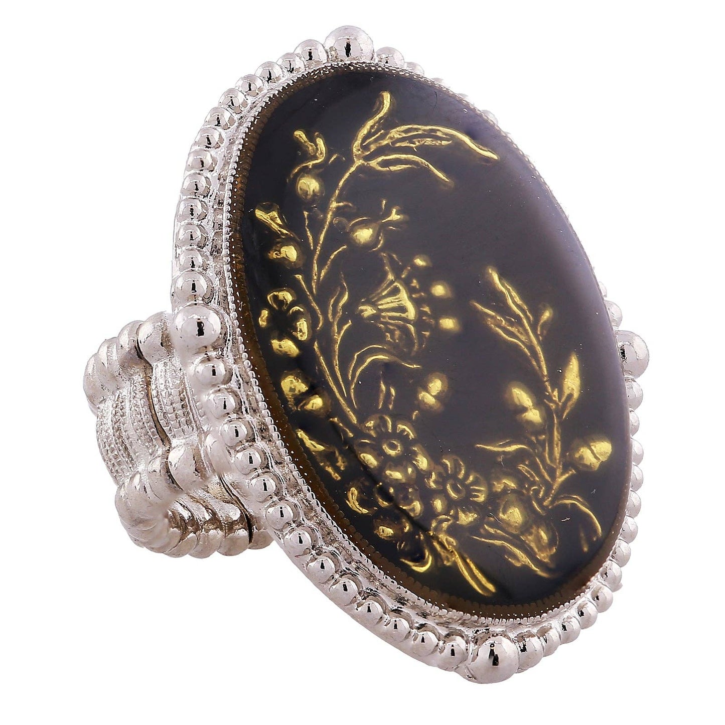 1928 Jewelry - 1928 Jewelry Oval Hand Enameled Black And Gold Floral Ring