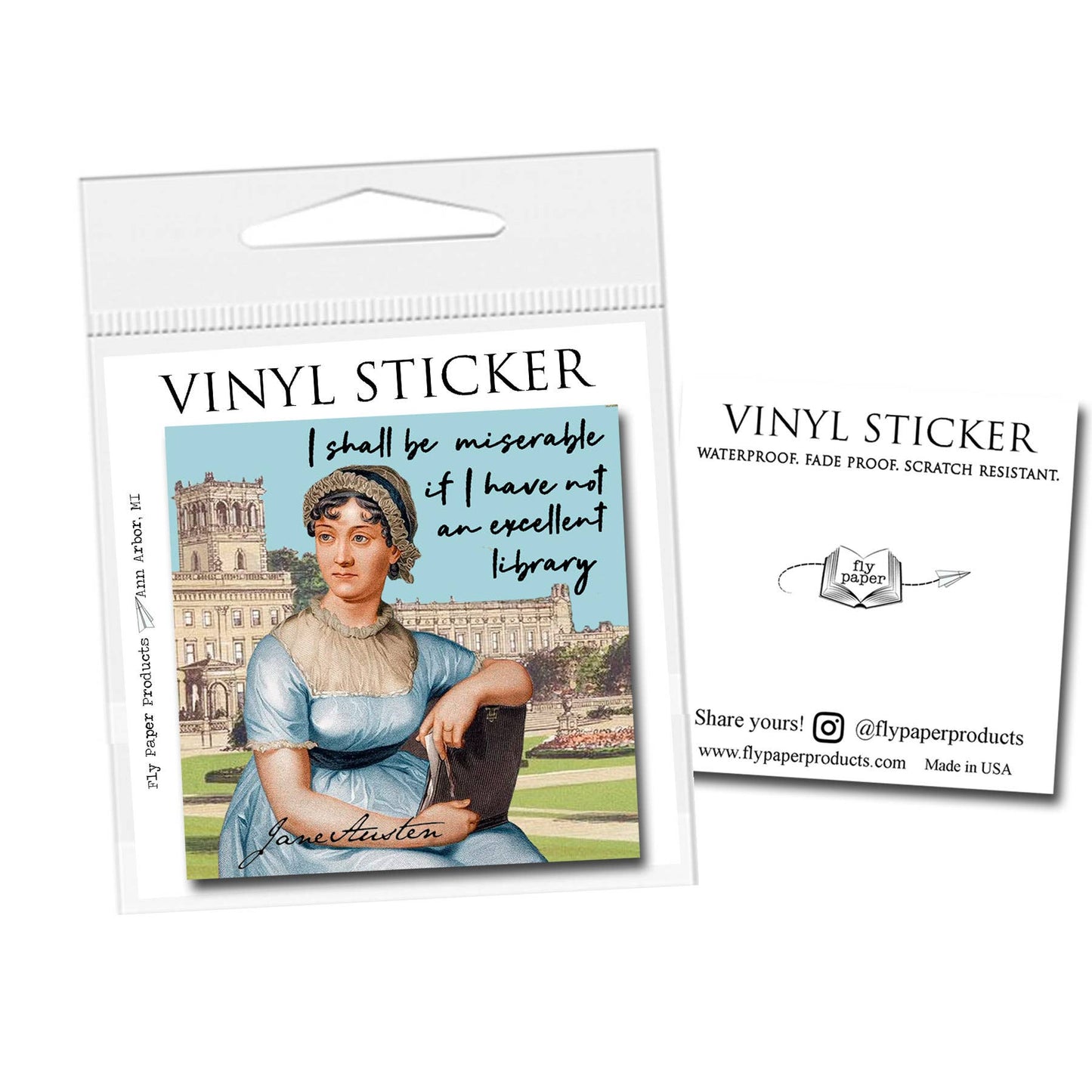 Fly Paper Products - Jane Austen "Excellent Library" Quote Literary Vinyl Sticker: Unpackaged Sticker
