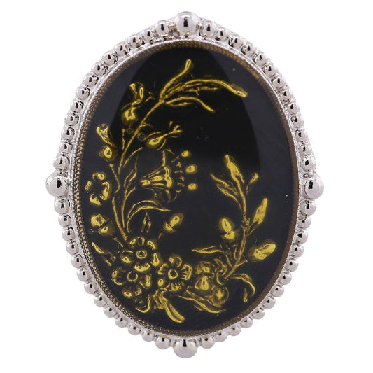 1928 Jewelry - 1928 Jewelry Oval Hand Enameled Black And Gold Floral Ring