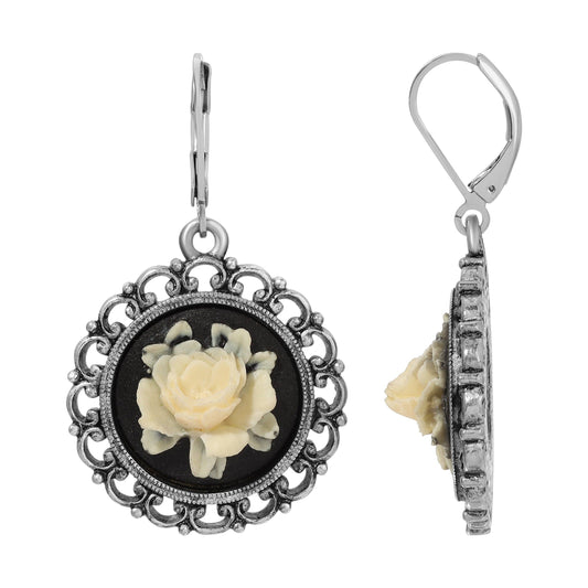 1928 Jewelry - 1928 Jewelry Ivory White Flower Cameo Drop Earrings: Silver Tone and Red