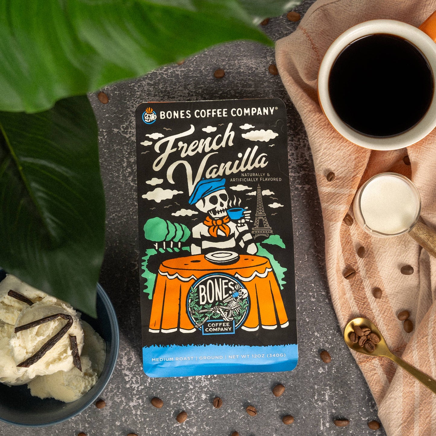Bones Coffee Company - French Vanilla Flavored Coffee | 12oz | Whole Bean & Ground: Ground
