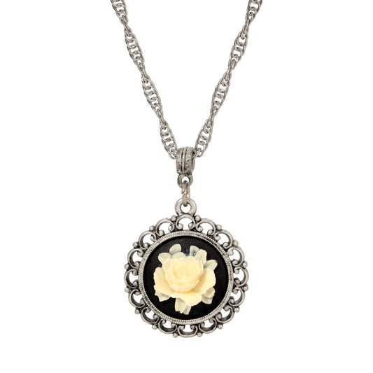 1928 Jewelry - 1928 Jewelry Ivory White Flower Cameo Pendant Necklace 18": Silver Tone and Black