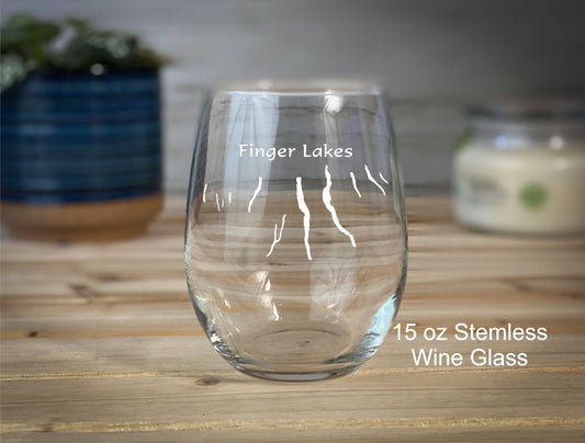 Adirondack Etching LLC - Finger Lakes - New York - Stemless Wine Glasses: 15 oz Stemless