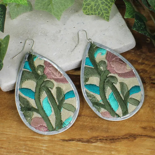 ZAD - Turquoise Floral Embroidered Silver Teardrop Earring