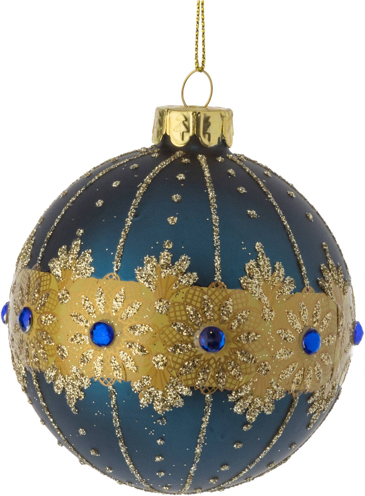 Silver Tree Home & Holiday - Matte dark blue glass ball w/ gold glitter and blue cabochons