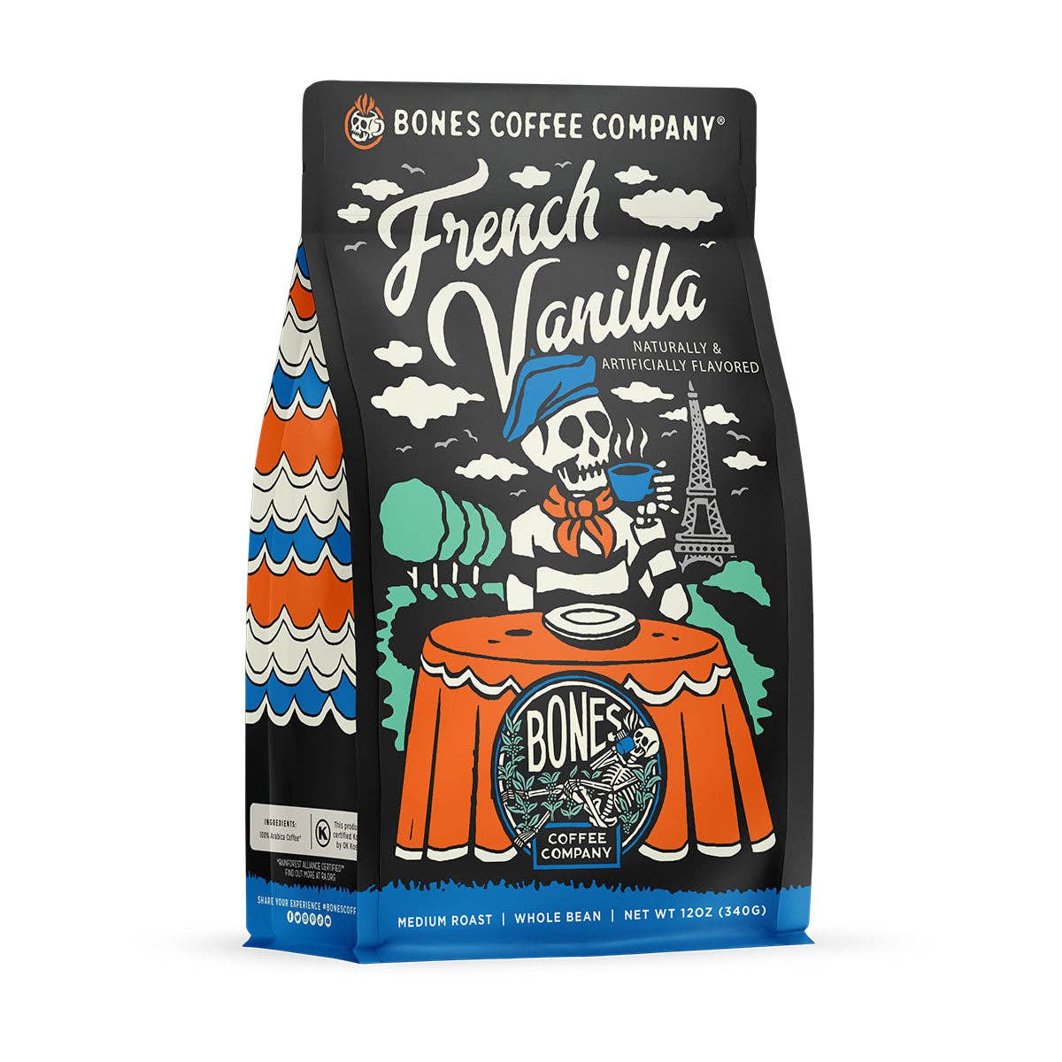 Bones Coffee Company - French Vanilla Flavored Coffee | 12oz | Whole Bean & Ground: Ground