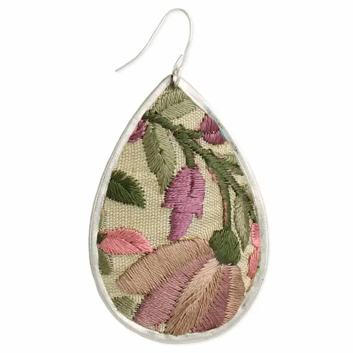 ZAD - Pink Flower Embroidered Elegance Silver Teardrop Earring