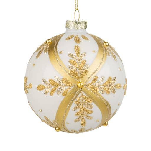 Silver Tree Home & Holiday - Glass ball ornament, gold ribbon pattern, white