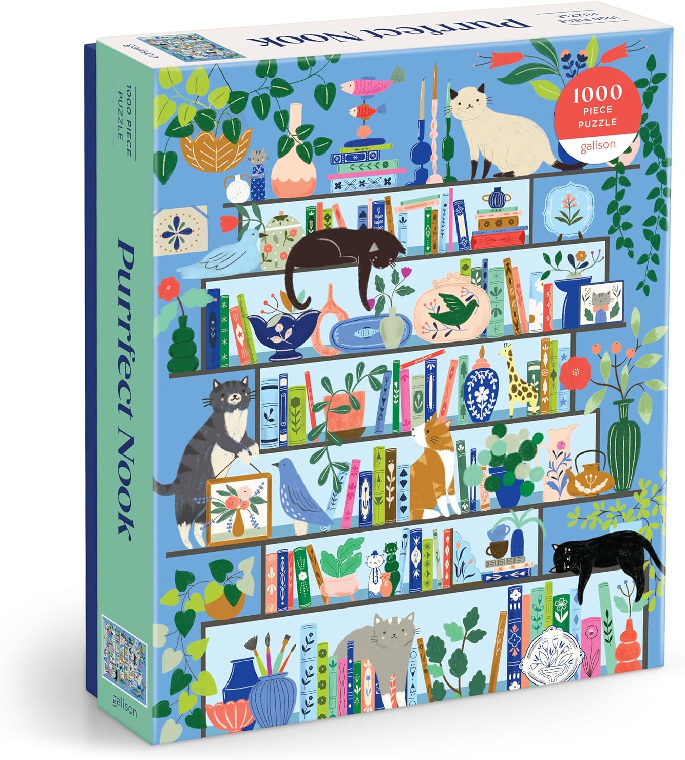 Galison Purrfect Nook – 1000 Piece Jigsaw Puzzle Featuring Artwork of A Lively Cozy Shelf Made for Bibliophiles and Cat Lovers Alike