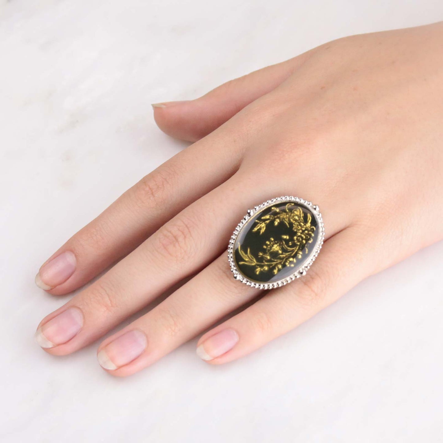 1928 Jewelry - 1928 Jewelry Oval Hand Enameled Black And Gold Floral Ring
