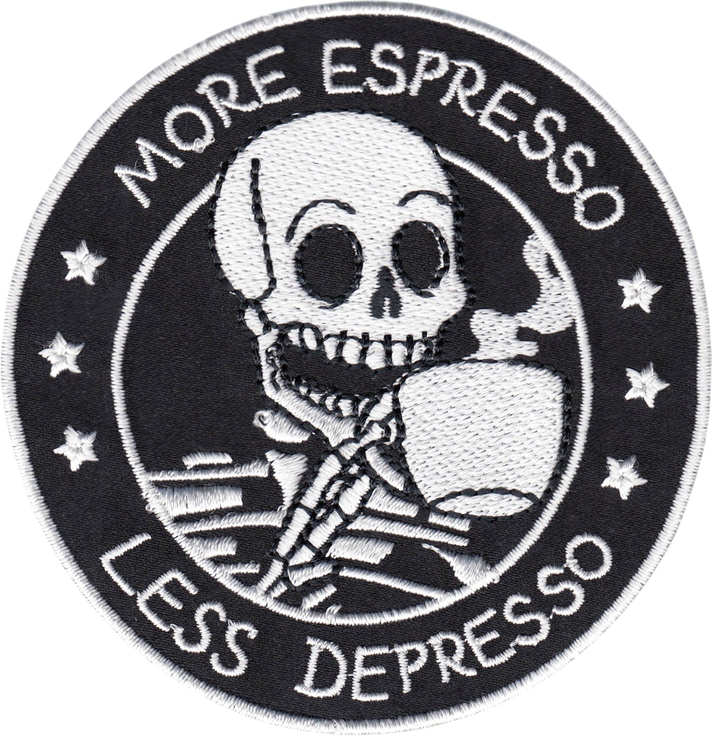 Square Deal Recordings & Supplies - Patch - "More Espresso Less Depresso" Skeleton Coffee Funny