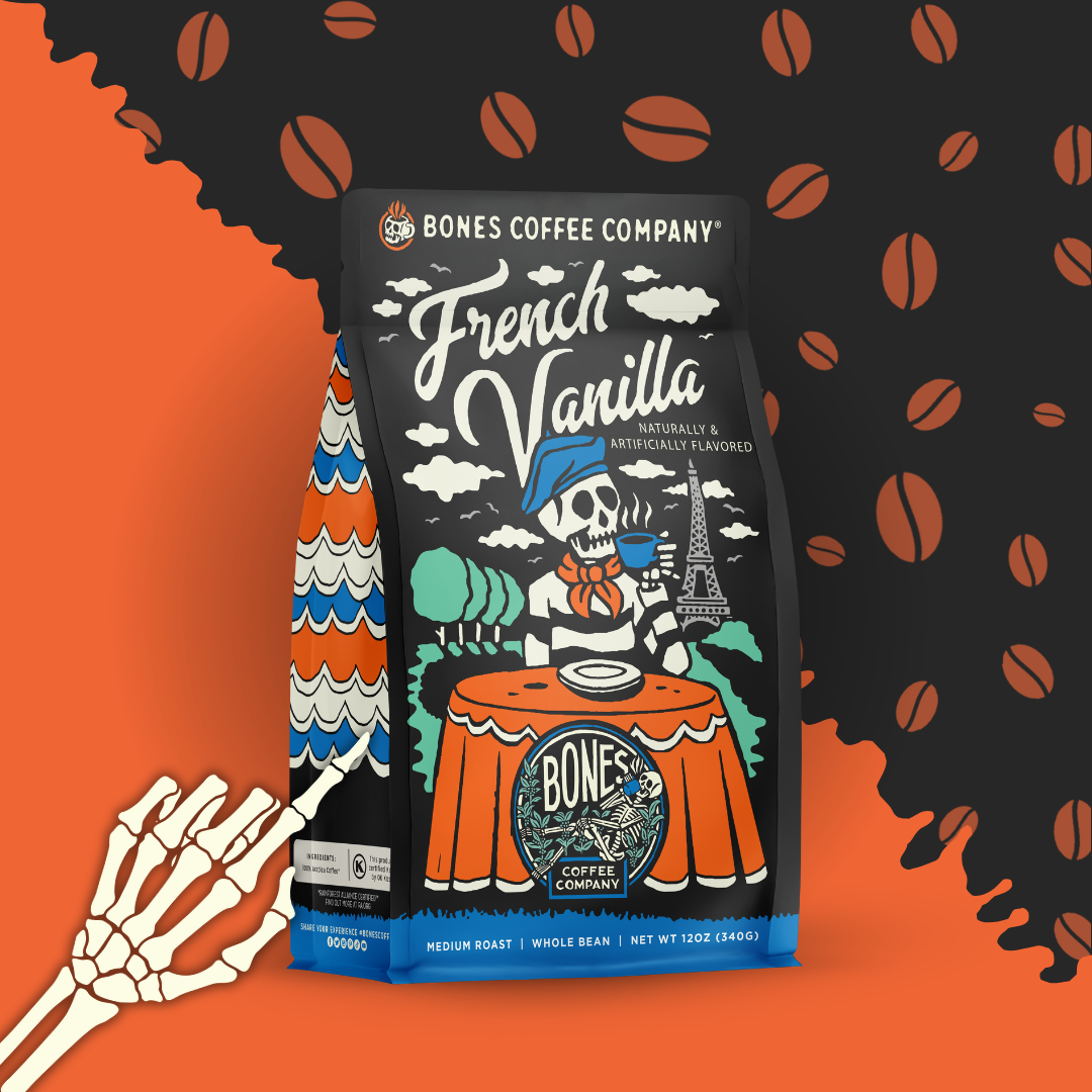 Bones Coffee Company - French Vanilla Flavored Coffee | 12oz | Whole Bean & Ground: Ground