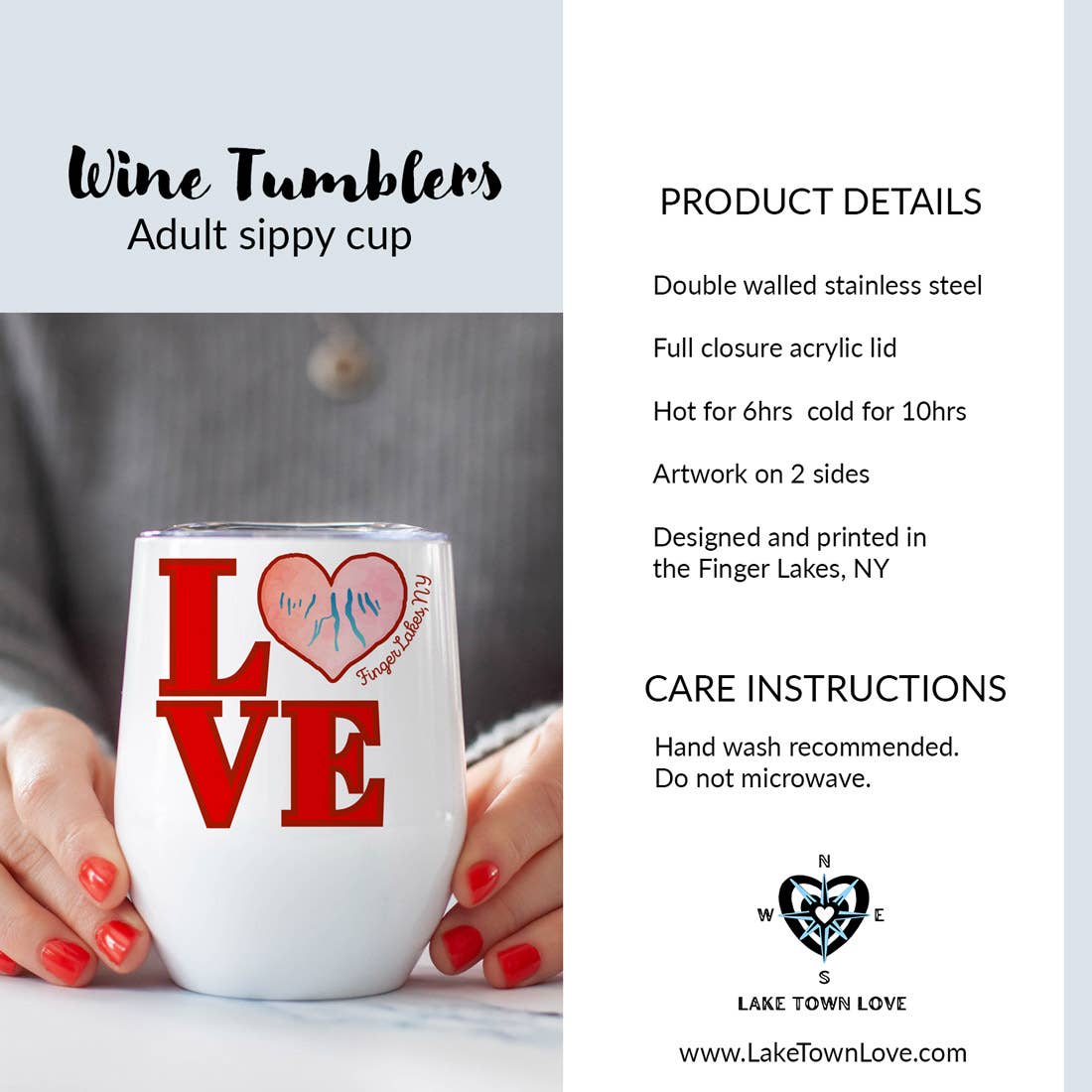 Pink Heart Finger Lakes Wine Tumbler Stainless Steel