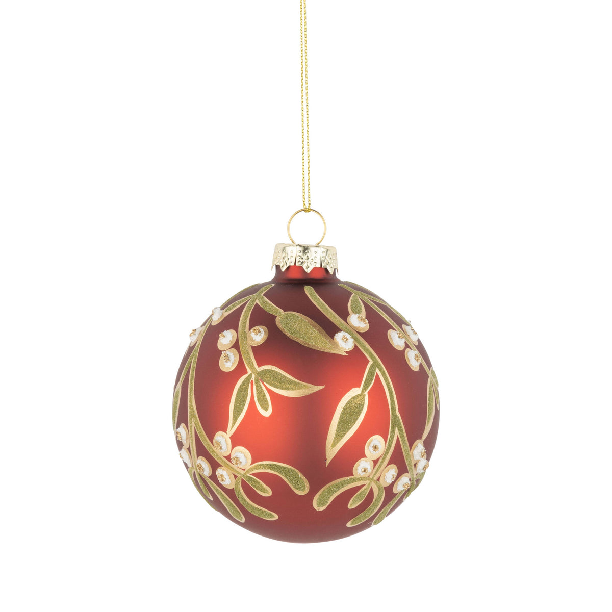 Silver Tree Home & Holiday - Glass ball ornament red w/ gold and green mistletoe