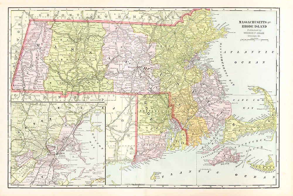 Massachusetts and Rhode Island - Cram's Atlas 1901 - Print - Stomping Grounds