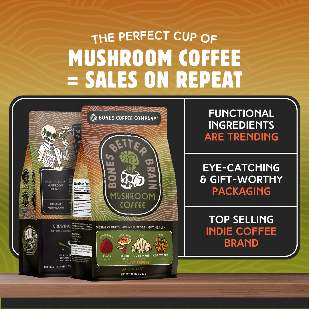 Bones Coffee Company - Better Brain Mushroom Coffee | Dark Roast | 10oz - Stomping Grounds
