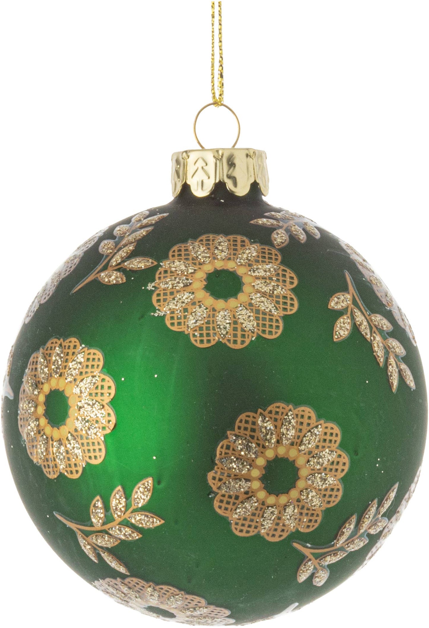 Silver Tree Home & Holiday - Matte green glass ball w/ glitter and gold lacy flowers
