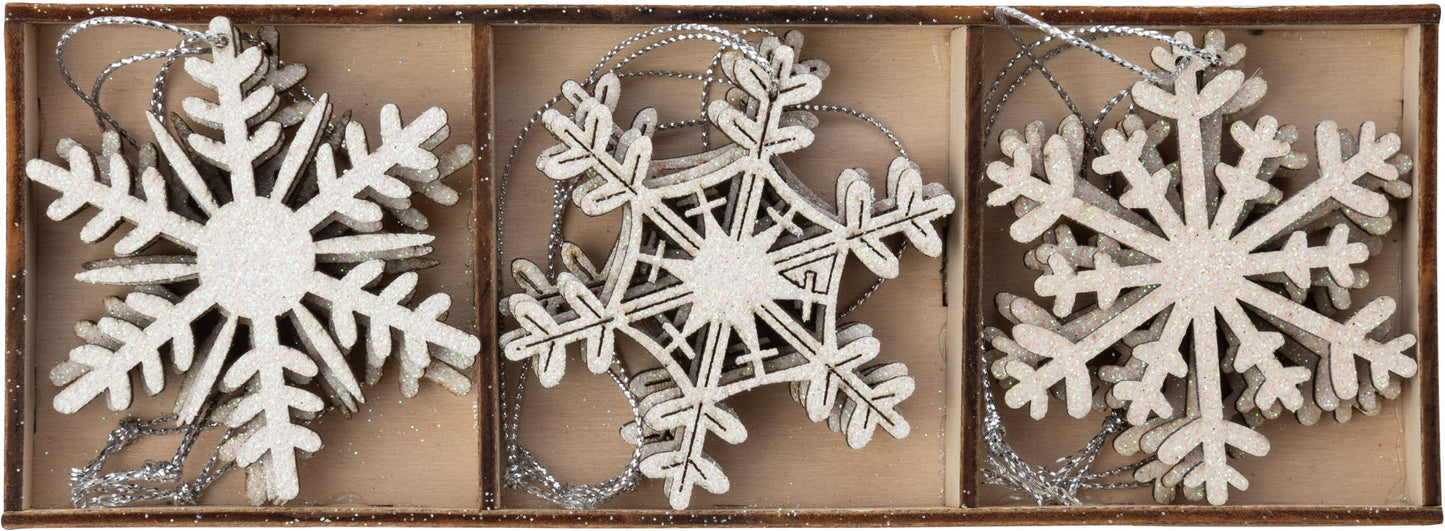 Silver Tree Home & Holiday - Set of 9 white snowflakes, painted wood ornaments