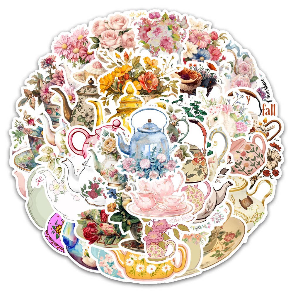 Magnifique Hearts - Vintage Floral Teapot & Teacup Stickers - Victorian Style: 10 Stickers