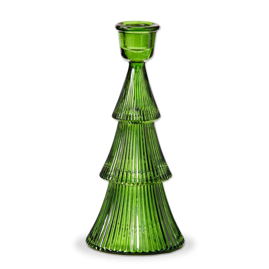 Glass Ribbed Tree Taper Holder Large Green Christmas