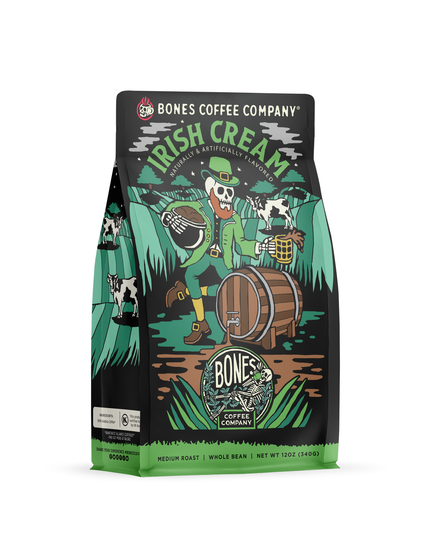 Bones Coffee Company - Irish Cream Flavored Coffee | 12oz Whole Bean - Stomping Grounds