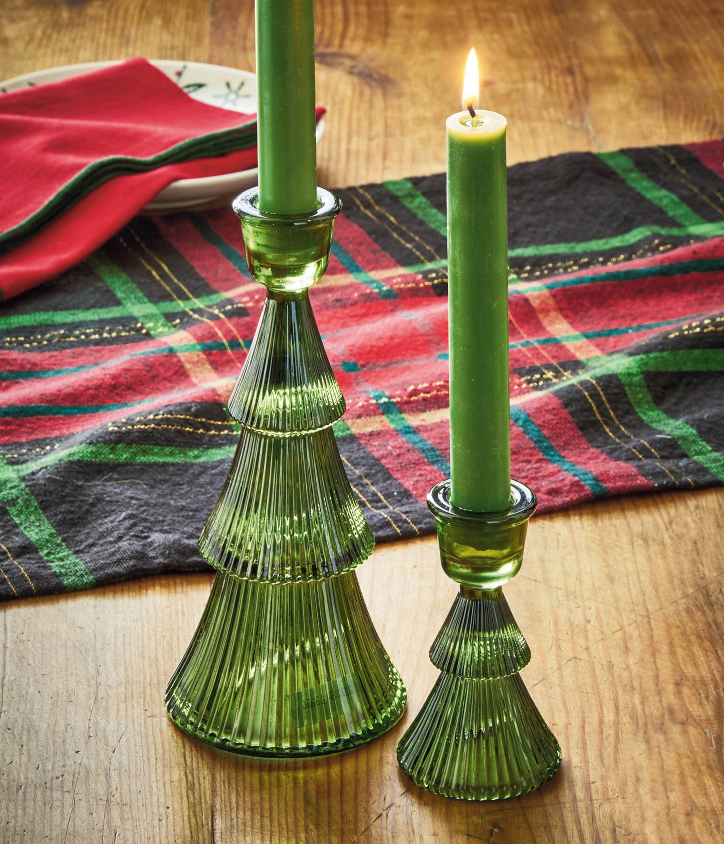 tag - Glass Ribbed Tree Taper Holder Large Green Christmas