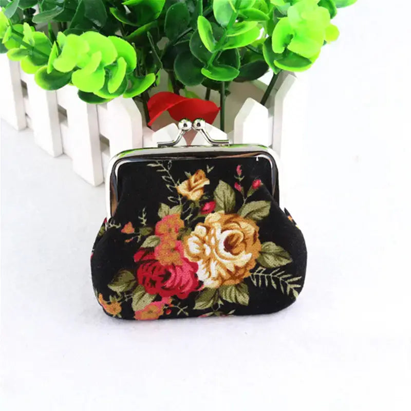 Floral Coin Purse: Small Storage Purse for Coins/ Trinkets: Black