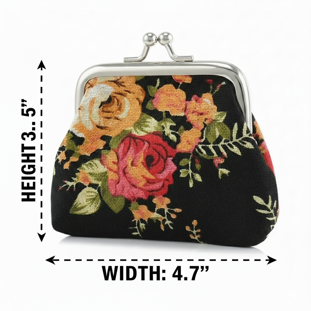 Floral Coin Purse: Small Storage Purse for Coins/ Trinkets: Black