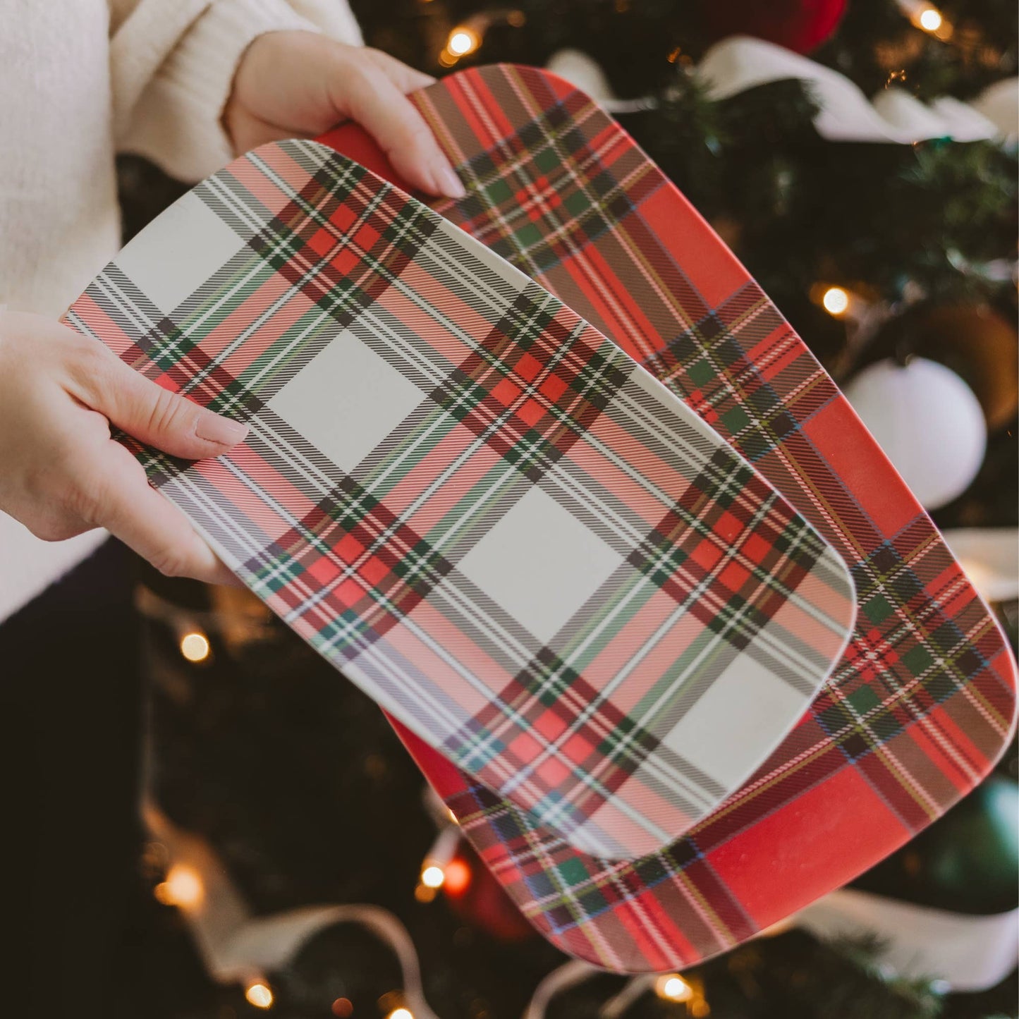 Sweet Water Decor - *NEW* Red and White Plaid Stacking Melamine Tray - Set of 2