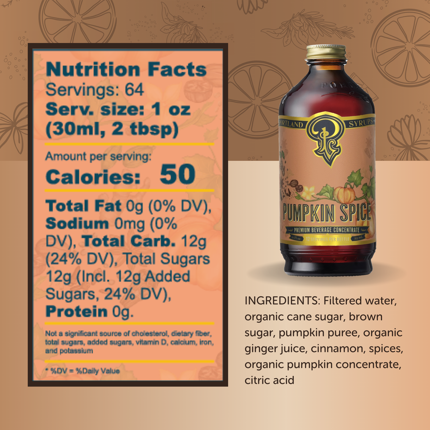 Portland Syrups - Pumpkin Spice Syrup 12 oz - coffee, tea, cocktail mixer