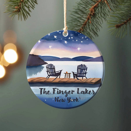 Lake Town Love - Finger Lakes Chairs Ornament – Ceramic Christmas Ornament with Full Moon Watercolor Art