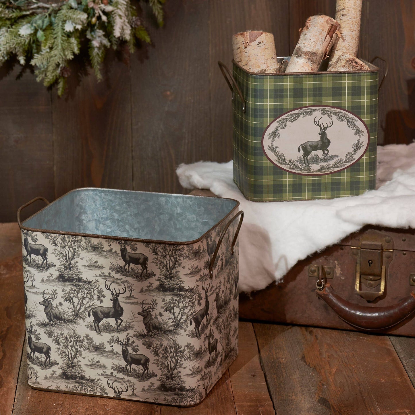 Primitives by Kathy - GREEN Deer Toile Bin