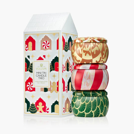 Voluspa Holiday Mini Tin Trio: Crushed Candy Cane, Noble Fir Garland, and Gingerbread Chalet