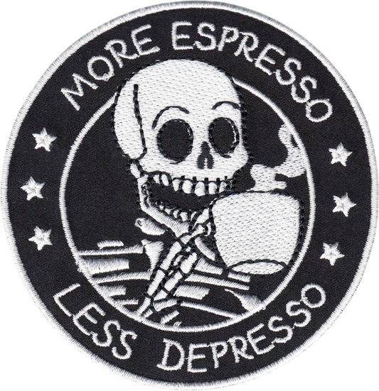 Square Deal Recordings & Supplies - Patch - "More Espresso Less Depresso" Skeleton Coffee Funny