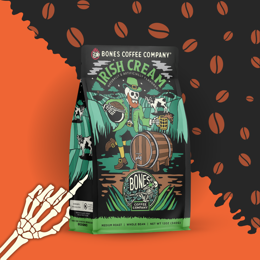 Bones Coffee Company - Irish Cream Flavored Coffee | 12oz Whole Bean - Stomping Grounds