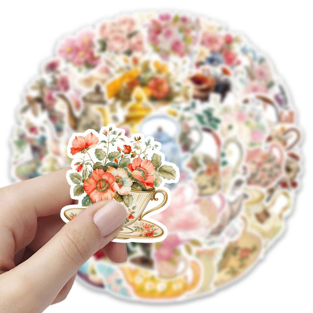 Magnifique Hearts - Vintage Floral Teapot & Teacup Stickers - Victorian Style: 10 Stickers
