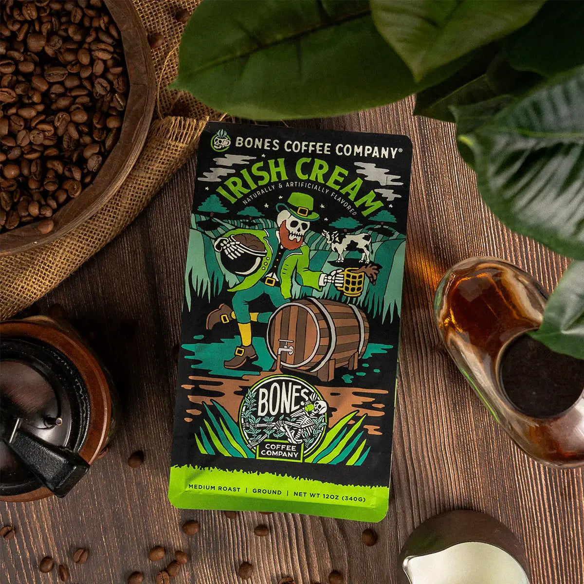 Bones Coffee Company - Irish Cream Flavored Coffee | 12oz Whole Bean - Stomping Grounds