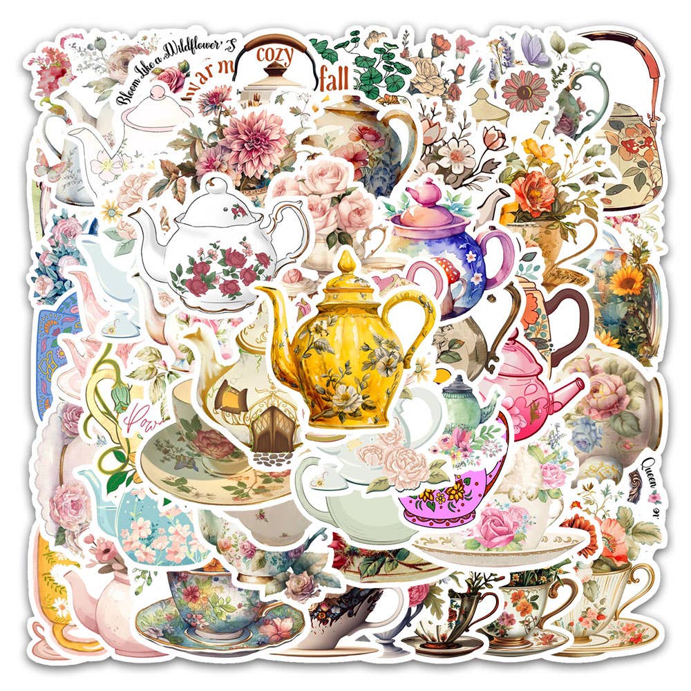 Magnifique Hearts - Vintage Floral Teapot & Teacup Stickers - Victorian Style: 10 Stickers