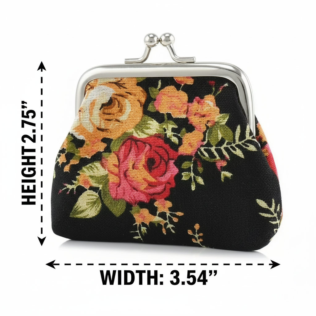 Floral Coin Purse: Small Storage Purse for Coins/ Trinkets: Black
