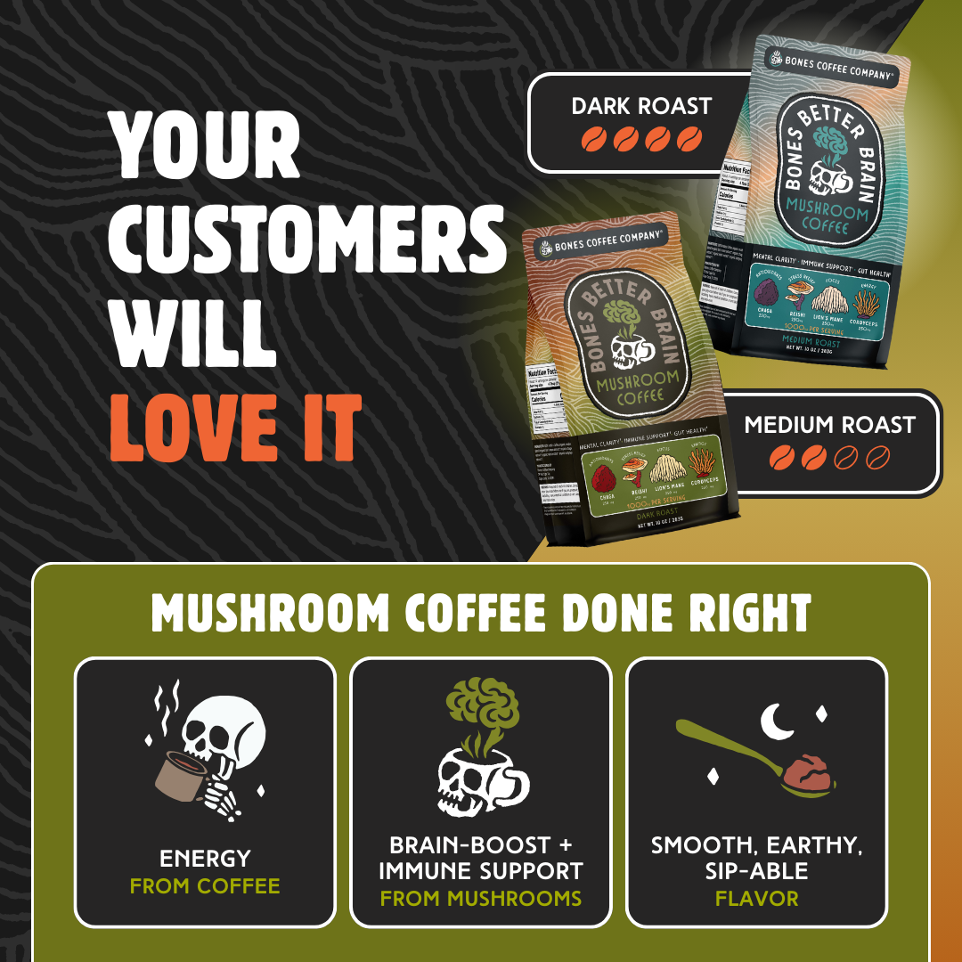 Bones Coffee Company - Better Brain Mushroom Coffee | Dark Roast | 10oz - Stomping Grounds