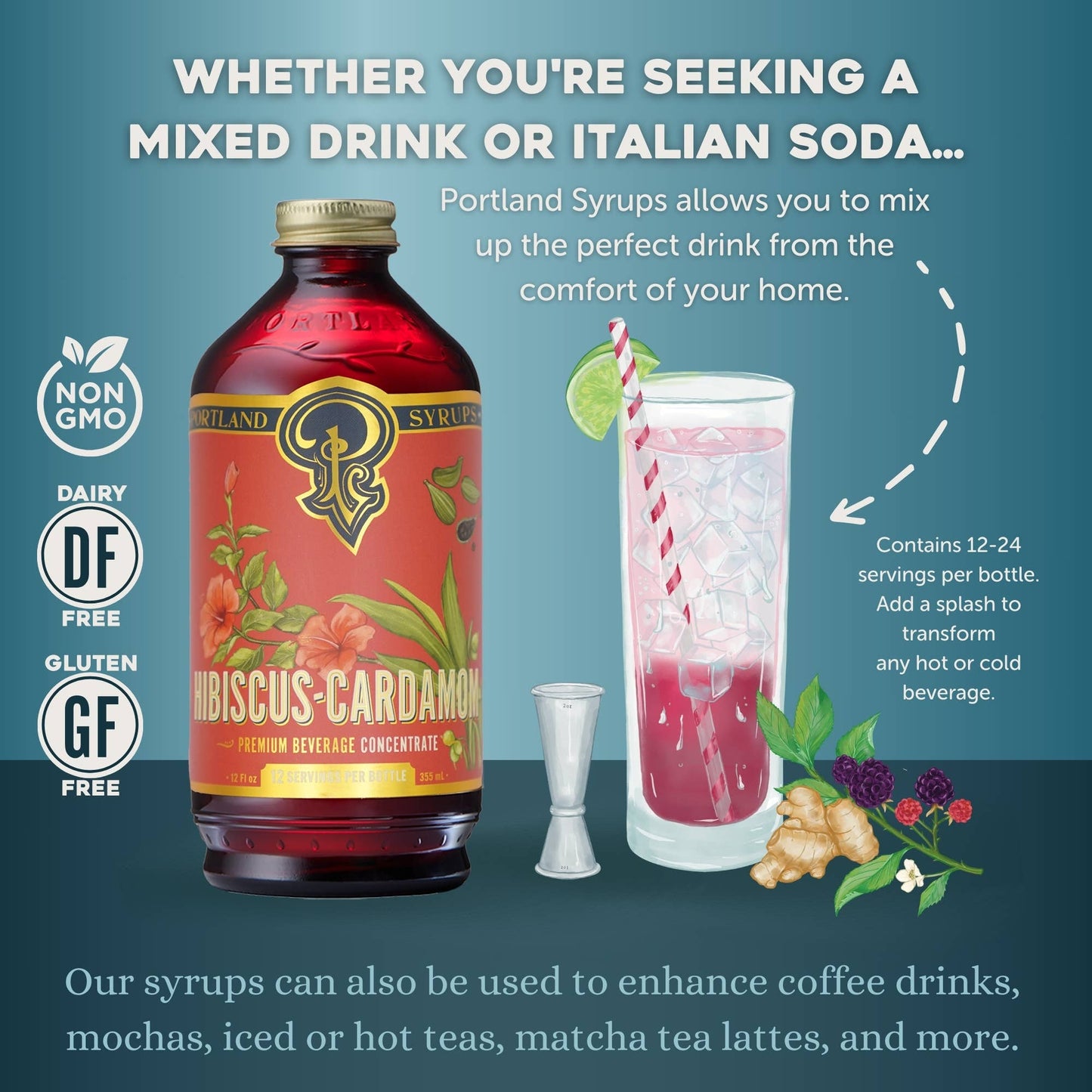 Portland Syrups - Hibiscus Cardamom Syrup 12oz  - cocktail / mocktail mixer