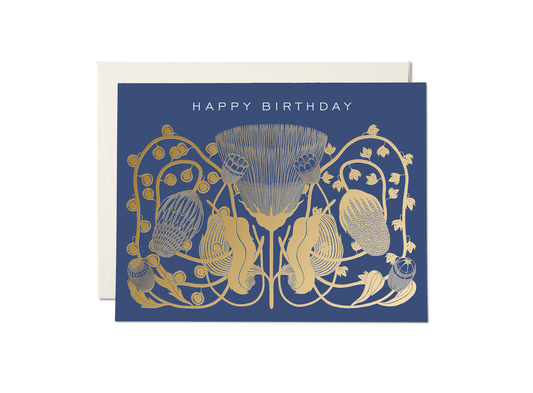 Red Cap Cards - Cobalt Gold Flowers birthday greeting card