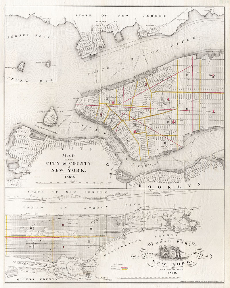 New York City and County - Map with Fire Districts - 1860 - Print - Stomping Grounds