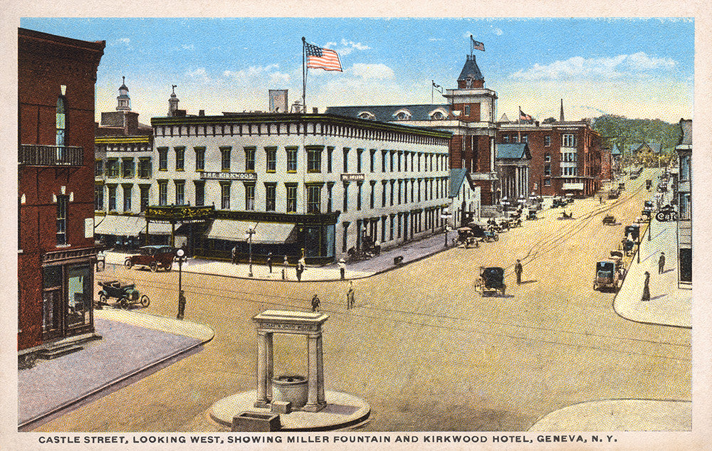 Castle Street, Looking West, Showing Miller Fountain and Kirkwood Hotel Geneva New York - Print - Stomping Grounds