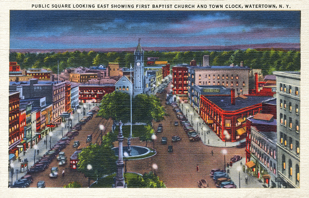 Public Square Looking East Showing First Baptist Church and Town Clock, Watertown, NY - Print - Stomping Grounds
